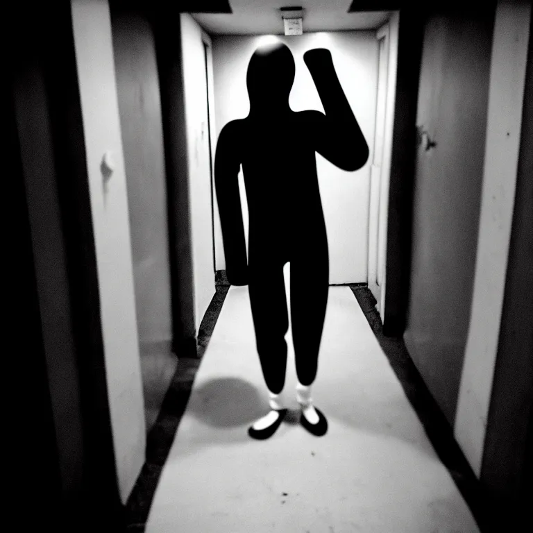 Prompt: a nightmare where a man in a pink morphsuit chases you down a black & white dark hallway, horror, creepy, 3 5 mm, film shot, found footage, scary