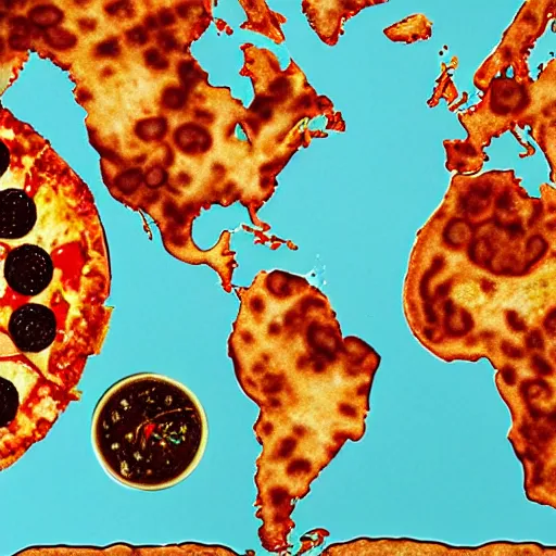 Image similar to the world map but made of pizza