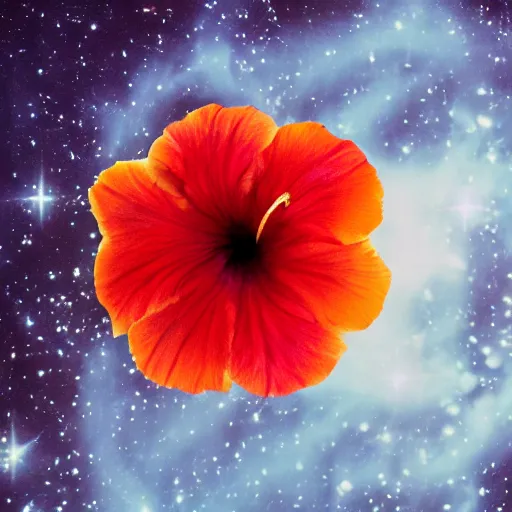 Prompt: a small hibiscus flower with detailed orange pedals, floating in space, wide perspective, hubble photo, olympus xa camera, 3 5 mm film, beautiful, galaxies