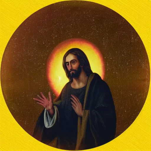 Image similar to 8k photography from Jesus with a yellow Donut on head