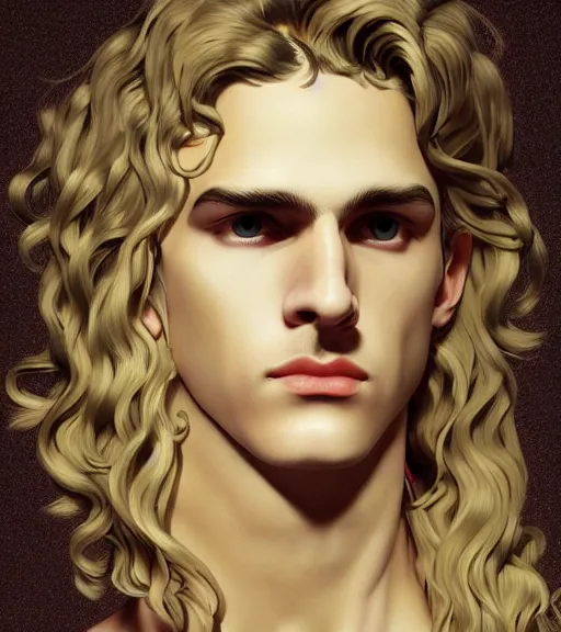 Image similar to clean cel shaded art of the androgynous clean shaven greek God Apollo, long fluffy curly blond hair, light platinum long blond hair, Alexandre Cabanel, norman rockwell, peter paul rubens, maler collier, frank frazetta, alphonse mucha, gustav klimt 4k, unreal 5, DAZ, french noveau, trending on artstation, octane render, hyperrealistic