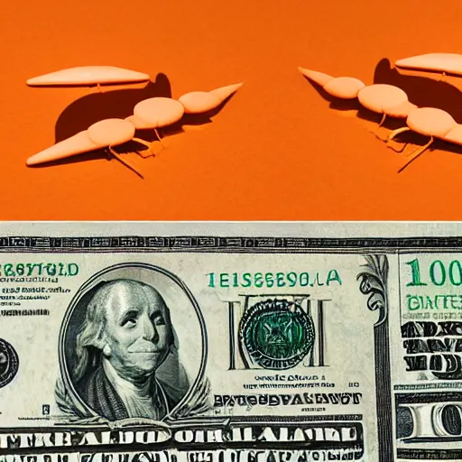 Image similar to a plane made out of carrots and dollar bills flying past the sun