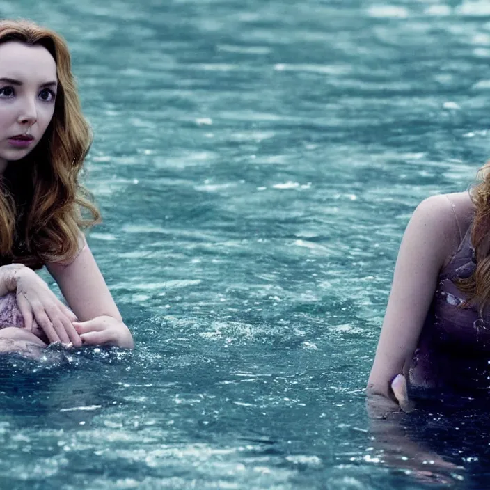 Prompt: jodie comer looking peaceful in the water, beautiful movie stills