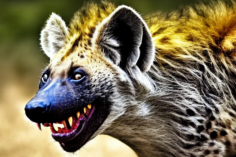 Intense close up of a mythical hyena warrior on Craiyon