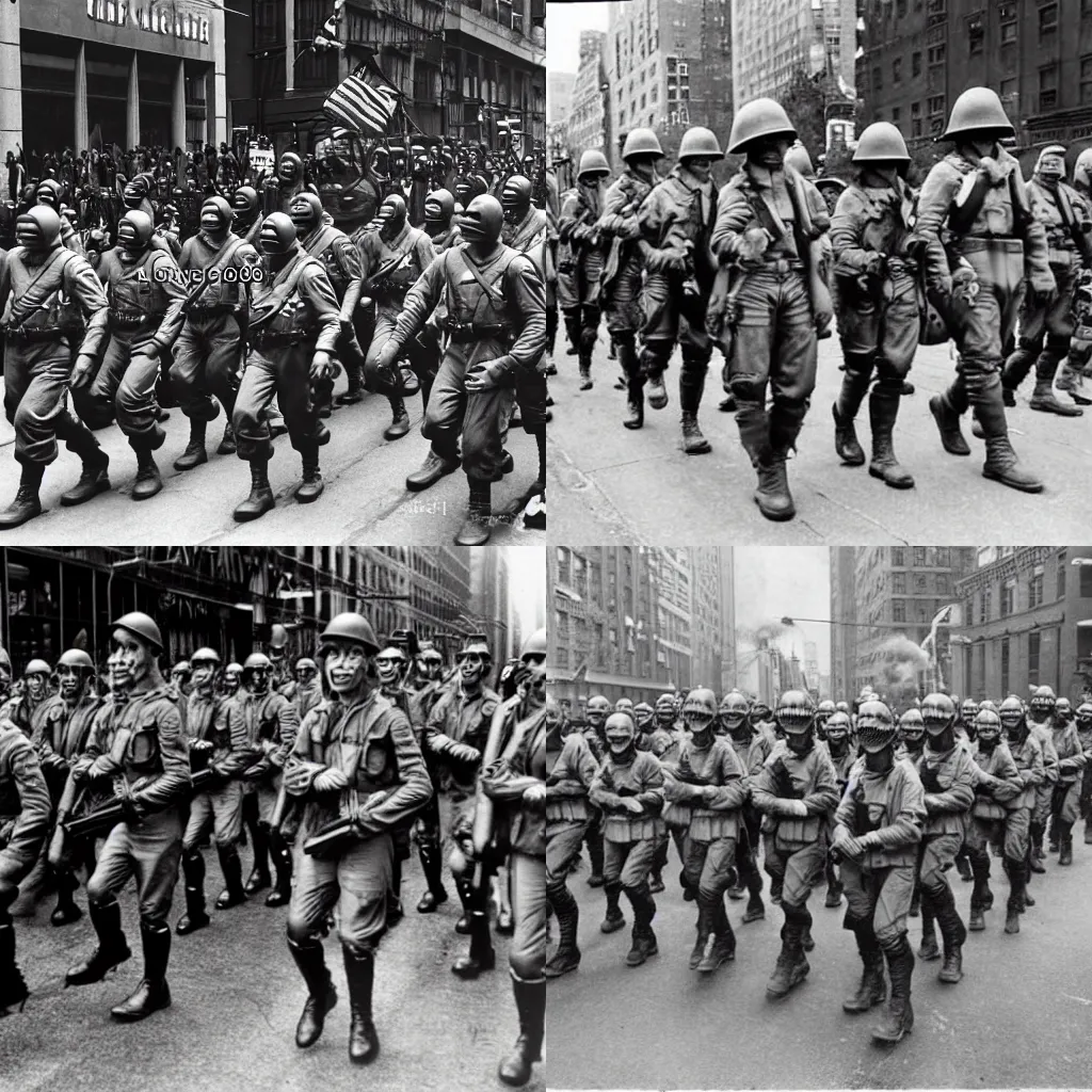 Prompt: an old photo of alien soldiers march in to New York, WW2, Second world war, black and white photo