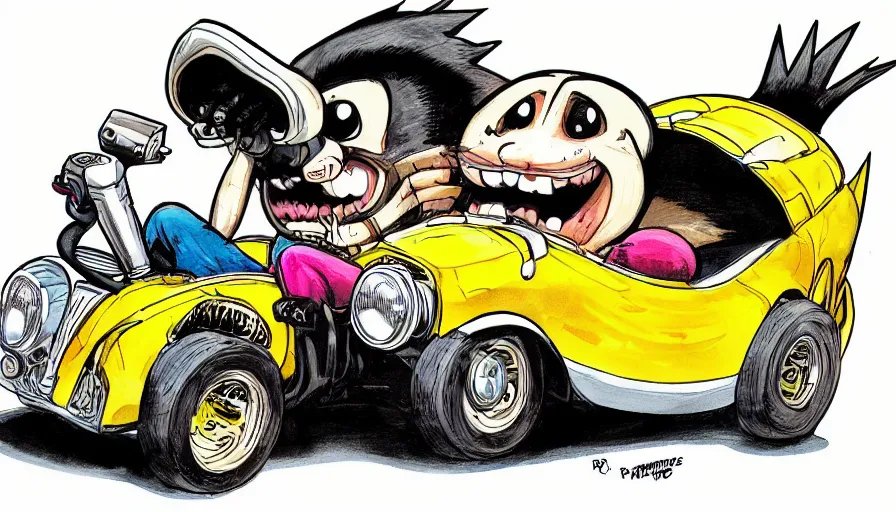 Image similar to funny, comic book style, racoon riding in a tiny hot rod coupe with oversized engine, ratfink style by ed roth, centered award winning watercolor pen illustration, by chihiro iwasaki, edited by range murata