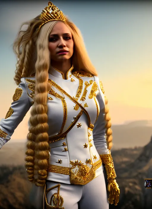 Image similar to a photo of 8 k ultra realistic humanoid princess with long blonde hair, standing next to a beautiful view, ornate white officers outfit with gold embellishments, cinematic lighting, trending on artstation, 4 k, hyperrealistic, focused, extreme details, unreal engine 5, cinematic, masterpiece