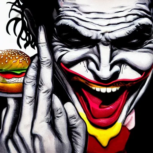 Image similar to the Joker eating burger while extremely sad and crying tears, side angle, hyper realistic, extremely detailed, photo realistic