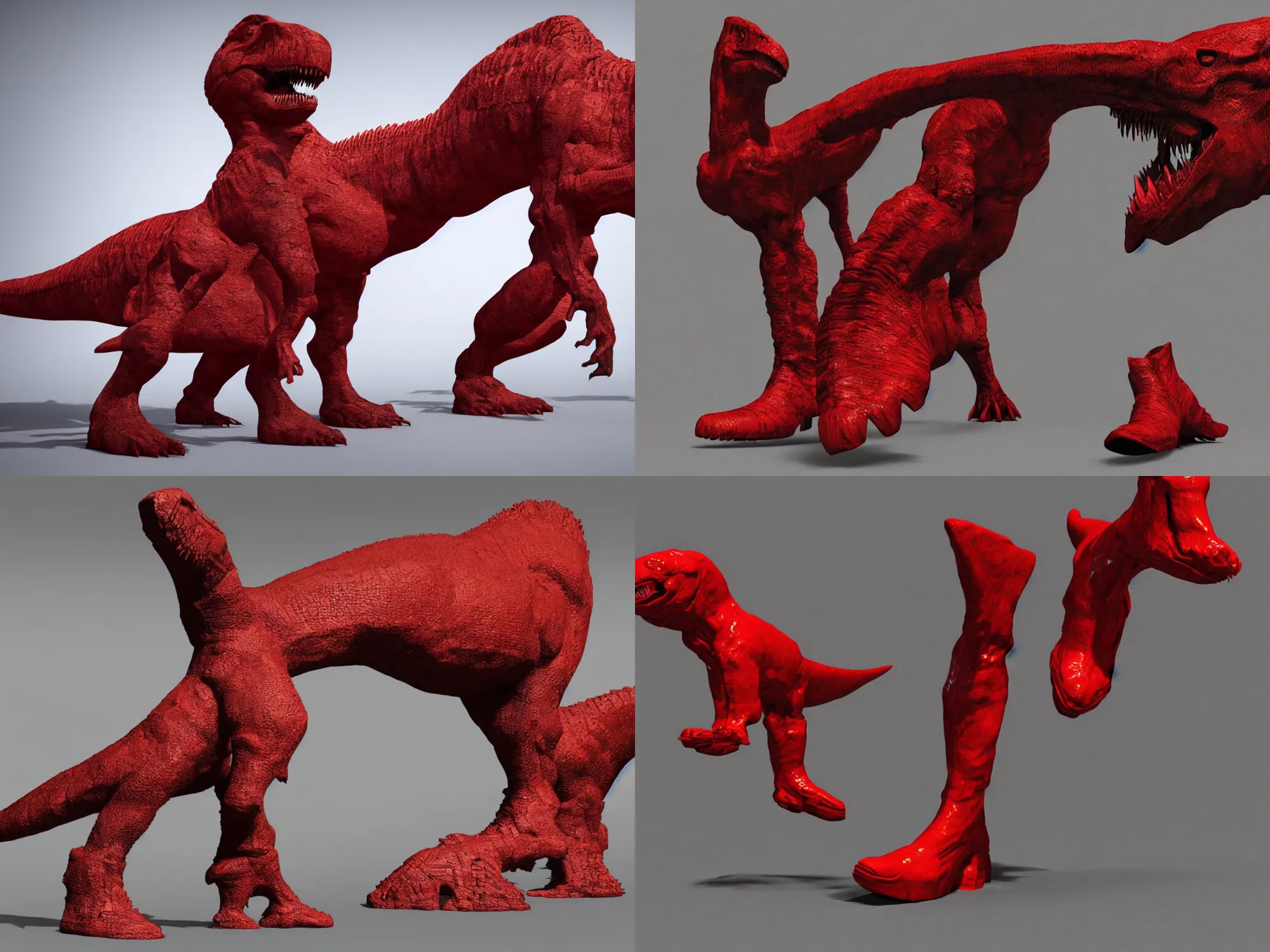Prompt: Tyrannosaurus Rex in Fancy red boots, 3d rendering on Discovery Channel