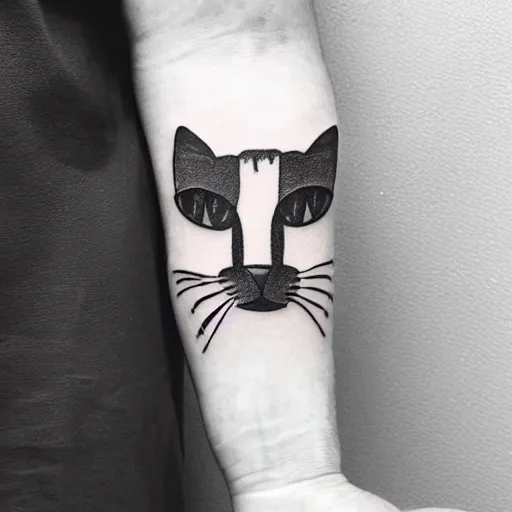 Image similar to stick and poke tattoo of a cat with 4 eyes, black and white tattoo, linework