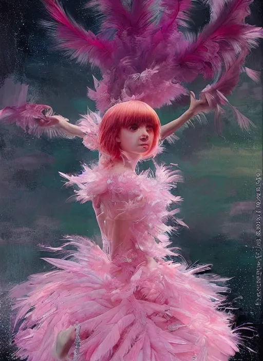 Image similar to beautiful little girl with an pink eccentric haircut wearing an dress made of feathers dancing on stage, artwork made by ilya kuvshinov, inspired in donato giancola, hd, ultra realistic, reflection, flowers, light stage