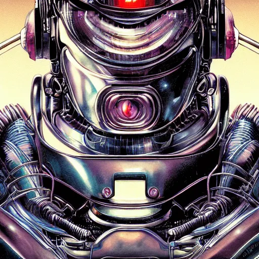 Image similar to portrait closeup of crazy robocop, symmetrical, cinematic colors, by yoichi hatakenaka, masamune shirow, josan gonzales and dan mumford, ayami kojima, takato yamamoto, barclay shaw, karol bak, yukito kishiro