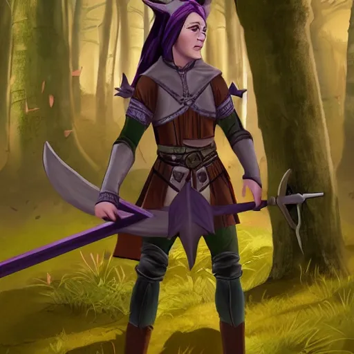 Prompt: anya charlota as a medieval fantasy wood elf, dark purple hair tucked behind ears, wearing a green tunic with a fur lined collar and leather armor, short, muscular build, scar across nose, one black, scaled arm, wielding a battleaxe, cinematic, character art, digital art, forest background, realistic.