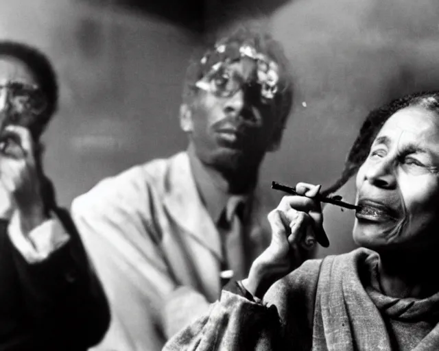 Image similar to Rosa Parks smoking cannabis from a bong , next to Bob Marley; cinema film; art direction; dramatic Studio lighting by John Gaeta