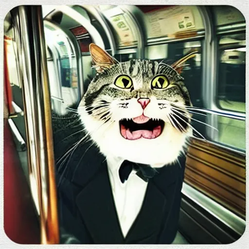 Image similar to “ angry cat wearing a suit riding the subway in new york city, studio ghibli, spirited away, princess mononoke, anime style, by hayao miyazaki ”