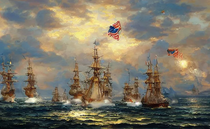 Prompt: Epic naval battle. By Konstantin Razumov, highly detailded