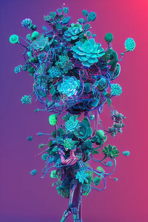 Prompt: epic 3 d abstract 🇵🇷 vr hacker, spinning hands and feet, 2 0 mm, plum and teal peanut butter melting smoothly into asymmetrical succulents and synths, liquid cooled, thick looping wires, beautiful, intricate, houdini sidefx, trending on artstation, by jeremy mann, ilya kuvshinov, jamie hewlett and ayami kojima