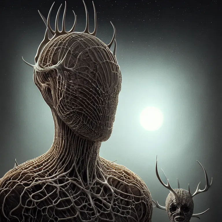 Image similar to portrait of transparent alien man with ribbed body, covered with twisted ribbed crooked antlers in wastelands on white exoplanet, baroque portrait painting, beautiful intricate insanely detailed octane render, artstation, 8 k artistic photography, photorealistic, volumetric perfect light, chiaroscuro, raphael, caravaggio, beksinski, rutkowski, giger