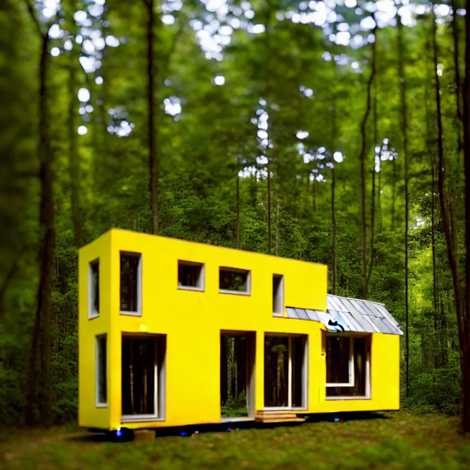 Image similar to a tiny tiny house with big tiles, from far away, in a forest, designed by frank gehry. film grain, cinematic, yellow hue