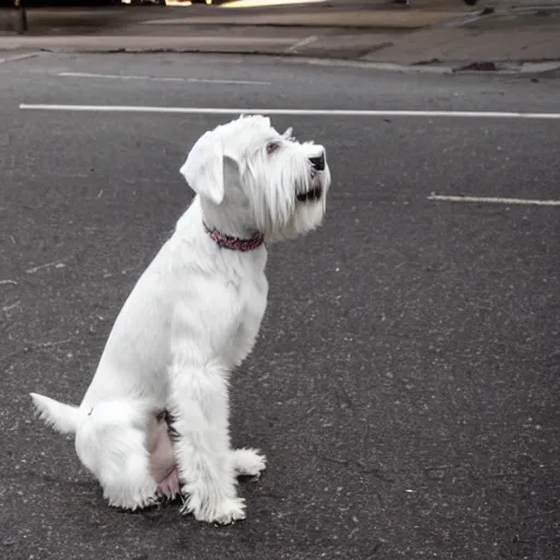 Image similar to photo of a white schnauzer dog with two open wings on his back sitting on the street of an abandoned dystopic city, hyprrealism, 5 5 mm photo