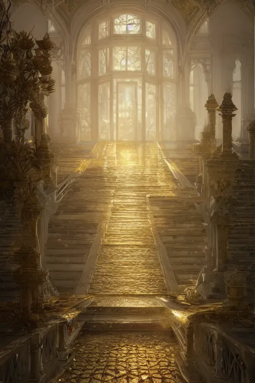 Prompt: vanishing point palace is like the kremlin covered with golden roses on a lake, viewed from afar, stephen bliss, misty, unreal engine, fantasy art by greg rutkowski, loish, ferdinand knab, and lois van rossdraws,, global illumination, radiant light, minimalist, detailed and intricate environment