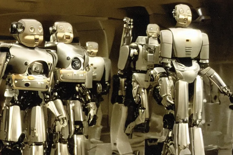 Image similar to a movie still from the 1985 summer blockbuster movie Back to the Robots directed by Steven Spielberg