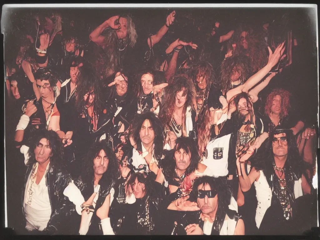 Prompt: 80s polaroid colour flash photograph of 80s Alice Cooper concert