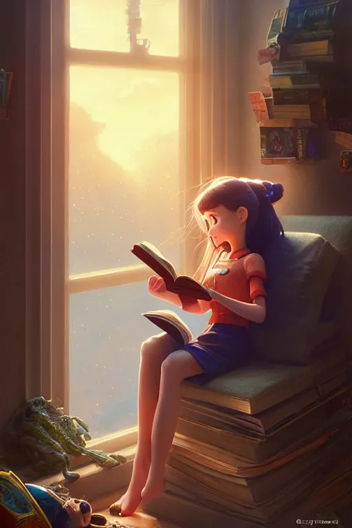 Image similar to highly detailed portrait of beautiful girl reading a book in toy story 3, dynamic pose, stephen bliss, unreal engine, fantasy art by greg rutkowski, loish, rhads, ferdinand knab, makoto shinkai and lois van baarle, ilya kuvshinov, rossdraws, tom bagshaw, global illumination, radiant light, detailed and intricate environment