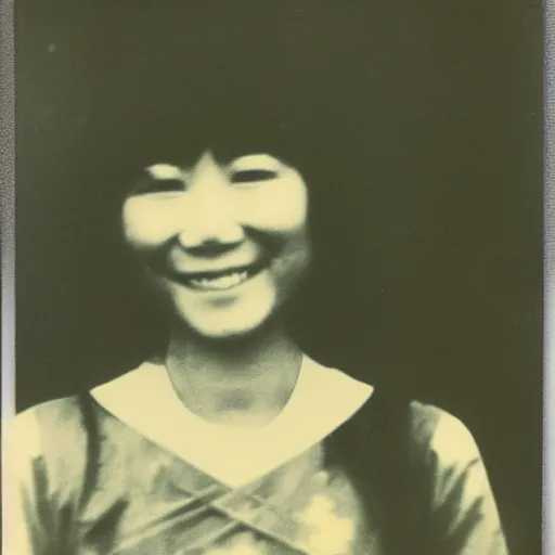Prompt: 1 9 7 0 s polaroid of a female japanese folk musician gently smiling, hazy, faded