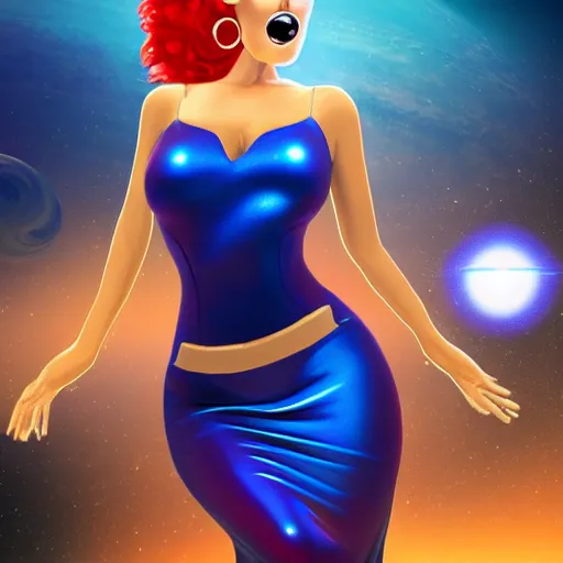 Image similar to space redhead in a tight blue dress with a planet in the background holding a laser gun up, realistic mouth, realistic, high definition, detailed and symetric face, detailed and realistic hands, expressive eyes, 4 k, shimmering color, epic digital art