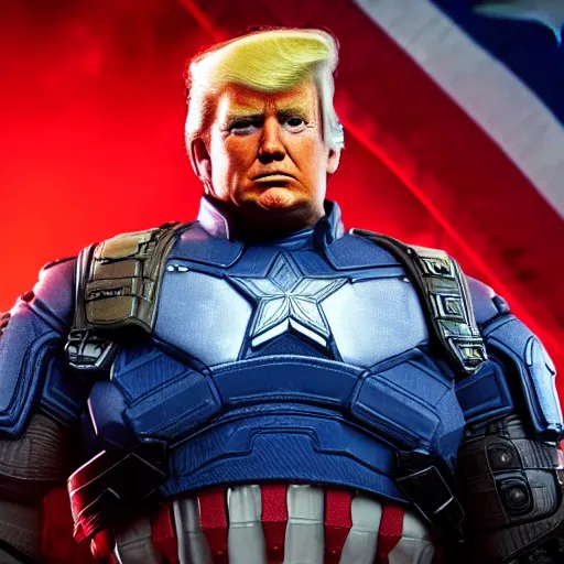 Image similar to Portrait! of President Donald Trump as ((captain america)) in Gears of War, splash art, movie still, cinematic lighting, dramatic, octane render, long lens, shallow depth of field, bokeh, anamorphic lens flare, 8k, hyper detailed, 35mm film grain