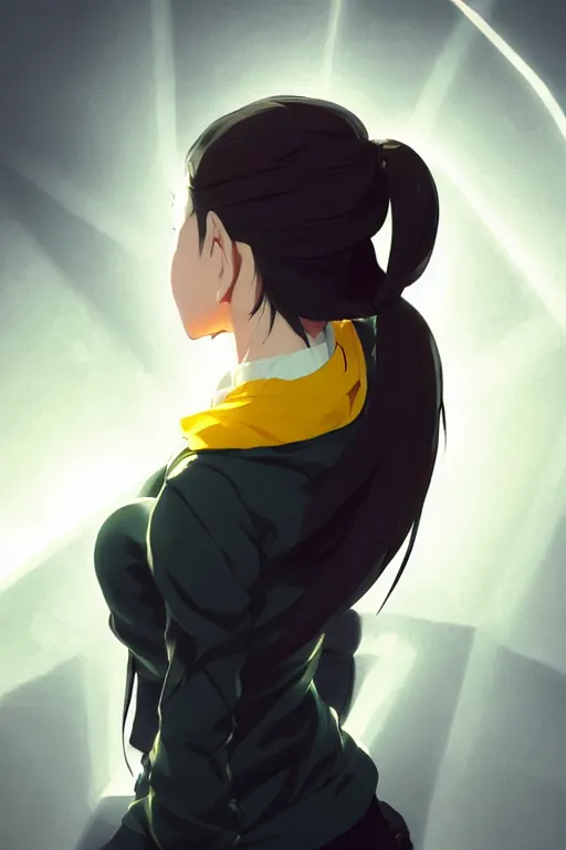 Image similar to black ponytail hair, pale woman in a black zipper jacket, yellow eyes, by artgerm, hair tied in a ponytail, white backdrop, soft lighting, fighting pose, dynamic angle, by greg rutkowski makoto shinkai takashi takeuchi