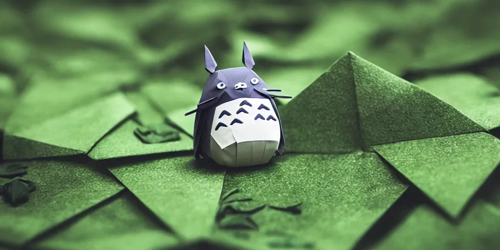 Prompt: totoro in film still with a full still life film still commercial extreme closeup photo of real - life intricate origami plant, eye contact, tilt shift zaha hadid real - life origami forests background, ghibli leaf hat insta filter, cinestill, 8 k