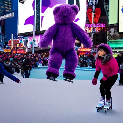 Prompt: teddy bear skating in Times Square with a purple hat that has a picture of Donald Trump