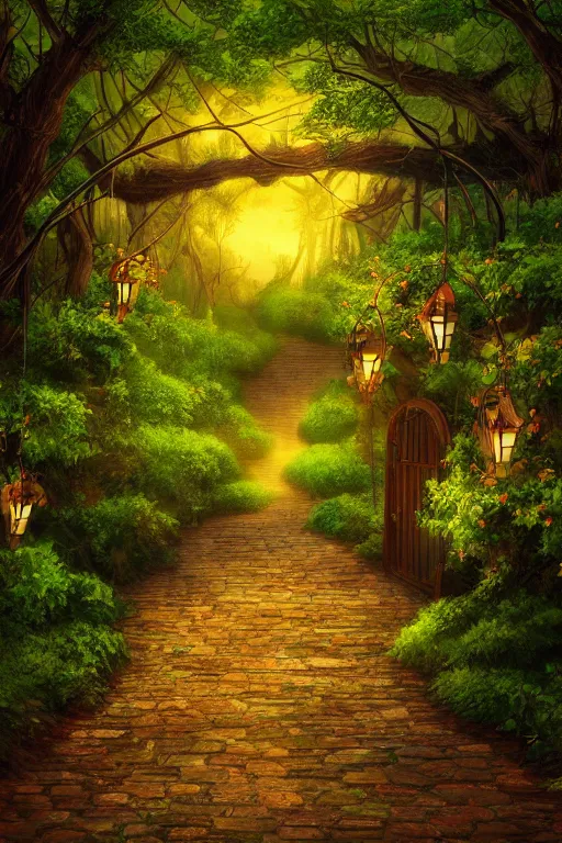 Prompt: a beautiful digital glossy clear sharp of a detailed summer day fantasy fireflies forest trees roots lanterns iron gate cobblestone pathway vines james gurney, 8 k resolution trending on artstation