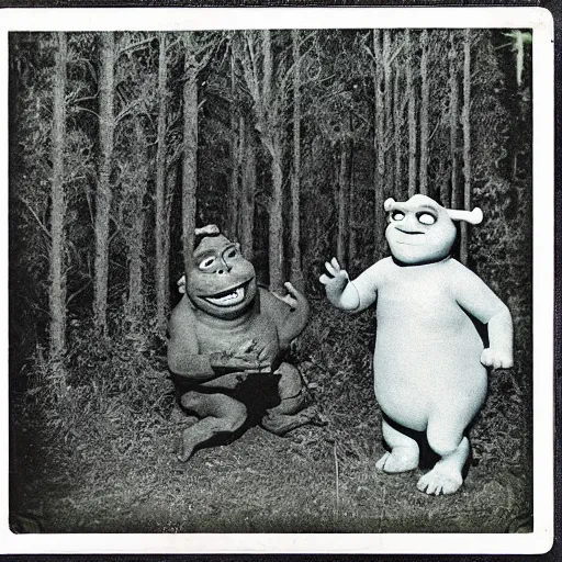 Image similar to 1 9 6 0's old polaroid of monster shrek staring from the depths of the dark gloomy forest, beksinsky, carpenter, creepy pasta, photorealistic, grainy, found footage, old film, low quality, horror, creepy, unsettling, liminal, terrifying