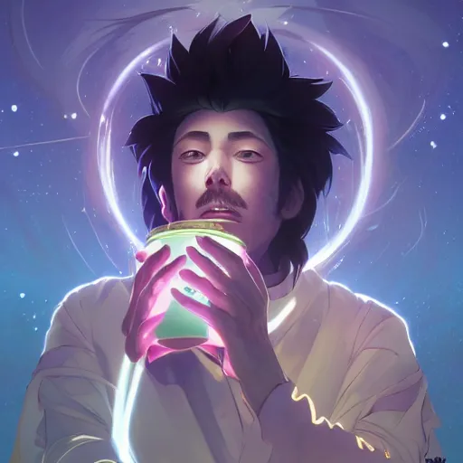 Prompt: A man drinking a cup of cosmic energy bright light, illustration, anime style, Artgerm, 4k, digital art, surreal, anime style, space dandy style, highly detailed, godsend, artstation, digital painting, concept art, smooth, sharp focus, illustration by Ruan Jia and Mandy Jurgens and William-Adolphe Bouguereau, Artgerm