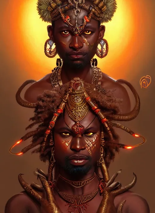 Image similar to angry orisha warrior god, bronze skin tone, bushy goatee, glowing red eyes, volumetric lights, earth tones and golden scheme, tribal and primitive, intricate, highly detailed, digital painting, artstation, concept art, smooth, sharp focus, illustration, kemetic symbolism, art by artgerm and greg rutkowski and alphonse mucha