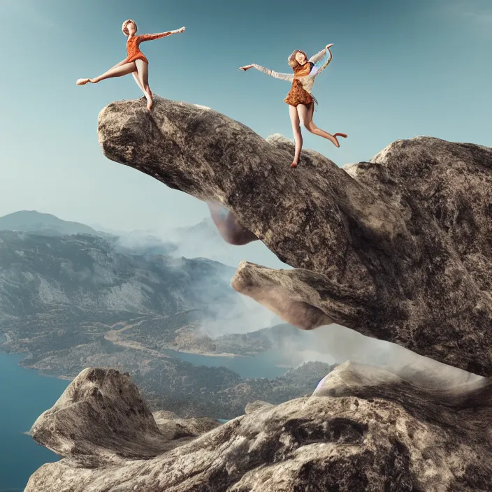 Image similar to a woman dancing on top of a very high surreal building on top of the mountains, nature, plants, fire, rocks, water, bark, hyper realism, high detail, octane render, 8k, chrome accents