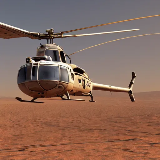 Image similar to Bell UH-1 Helicopter flying over the desert at dawn high detail realistic octane render accurate