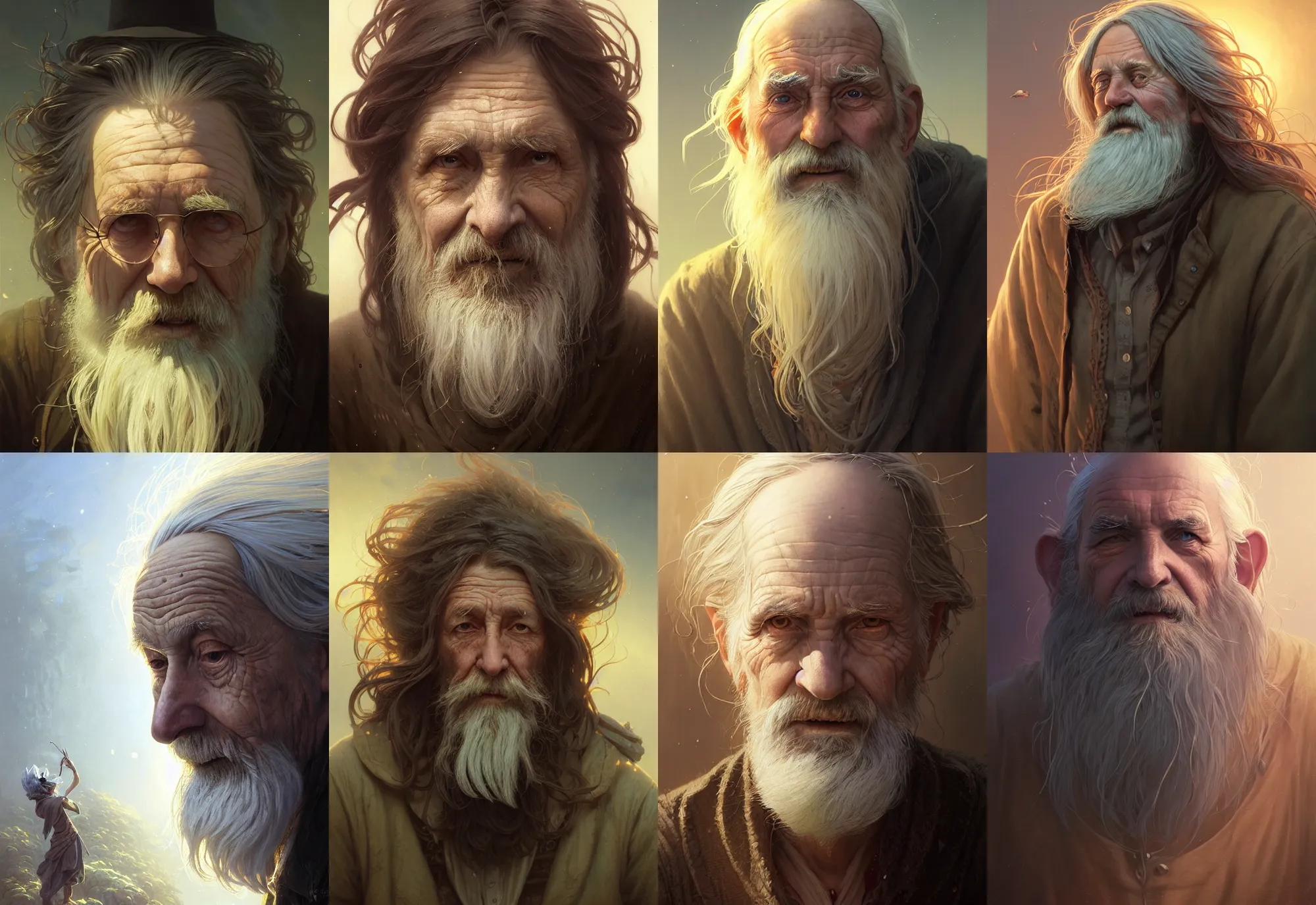 Image similar to highly detailed portrait of a very old man with long hairs, stephen bliss, unreal engine, fantasy art by greg rutkowski, loish, rhads, ferdinand knab, makoto shinkai and lois van baarle, ilya kuvshinov, rossdraws, tom bagshaw, alphonse mucha, global illumination, radiant light, detailed and intricate environment