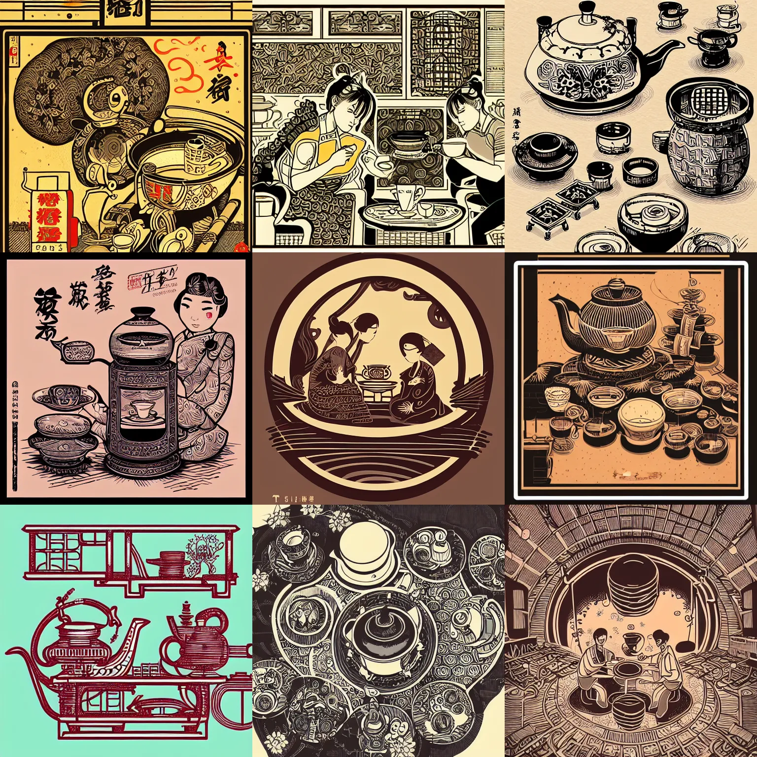 Prompt: intricate mechanical tea ceremony illustration art by tim doyle