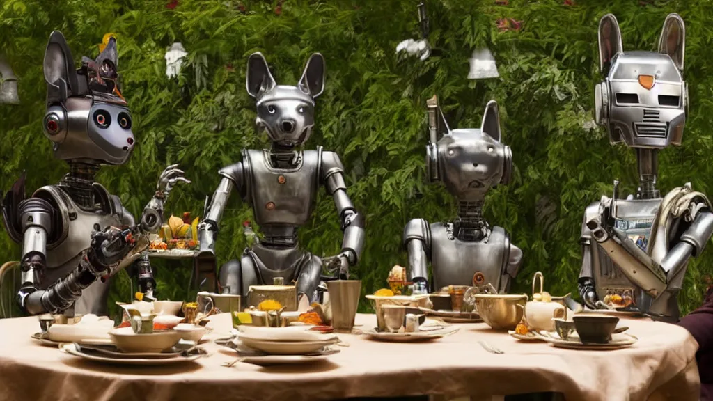 Image similar to film still from the movie chappie of the robot chappie shiny metal outdoor park plants garden scene bokeh depth of field several figures sitting down at a table having a delicious grand victorian tea party furry anthro anthropomorphic stylized cat ears wolf muzzle head android service droid robot machine fursona