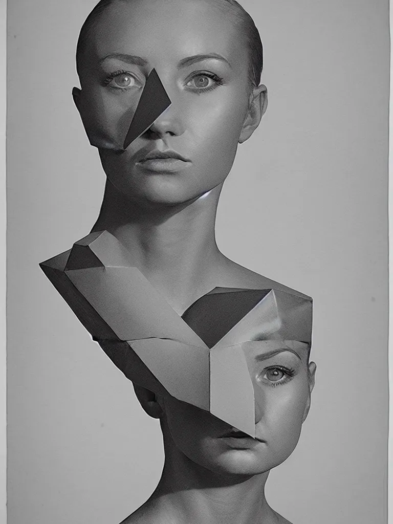 Image similar to a perfect military portrait photograph of drawing of a woman constructed of a series of cuboids, mixed material and orbited by dazzling sharp ellipses of razorlike light. perfect studio lighting.