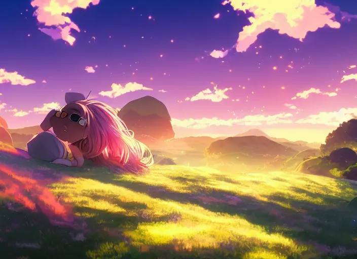 Image similar to very high quality illustration of green hills with clouds in the background, golden hour sunset, purple beautiful sky, cute anime girl with platinum blonde hair and big eyes, close to foreground, anime key visual, official media, illustrated by wlop, extremely detailed, 8 k, trending on pixiv, cinematic lighting, beautiful