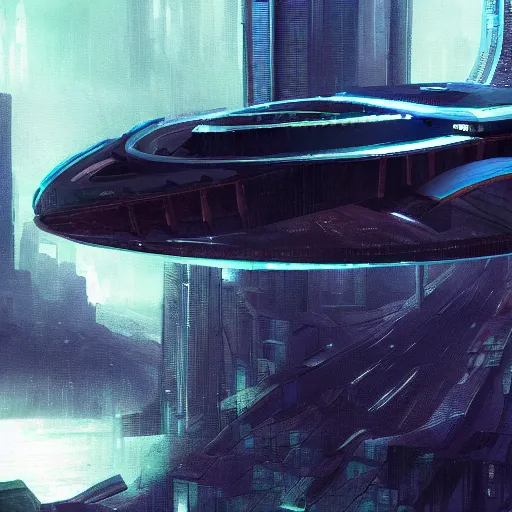 Image similar to Wild concept art for a futuristic spaceship in a cyber city during a storm