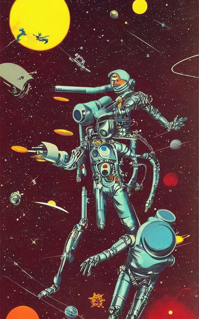 Image similar to space cowboy cyborg. space fantasy. bauhaus art. retro comicbook art. dean ellis.