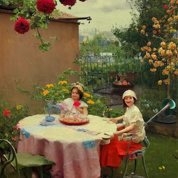 Image similar to a housewife and her daughter putting dishes on a table in the backyard, a tilted parasol sits above the table, a garden with colorful flowers in the background, rainy scene, cozy 1 9 5 0's, medium symmetry, by ilya repin, by greg rutkowski, extreme detail, 8 k, intricate abstract, photorealistic