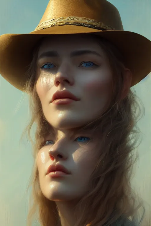 Image similar to ultra detailed facial portrait of beautiful nordic woman, blue eyes, wearing cowboy hat, extremely detailed digital painting, in the style of fenghua zhong and ruan jia and jeremy lipking and peter mohrbacher, mystical colors, rim light, beautiful lighting, 8 k, stunning scene, raytracing, octane, trending on artstation