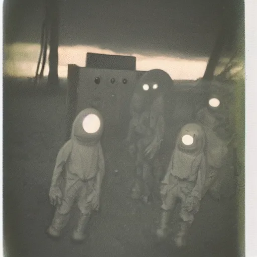 Image similar to really old polaroid photograph of horrorific extraterrestrial beings visiting earth,